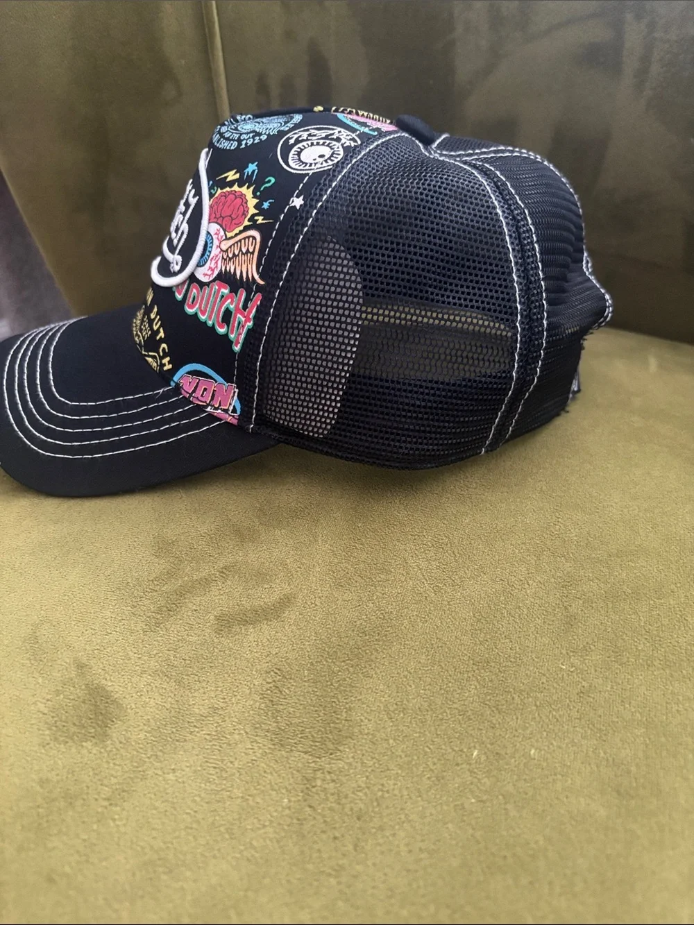 Von Dutch Black Trucker Cap with Colorful Graphic Patches NWOT